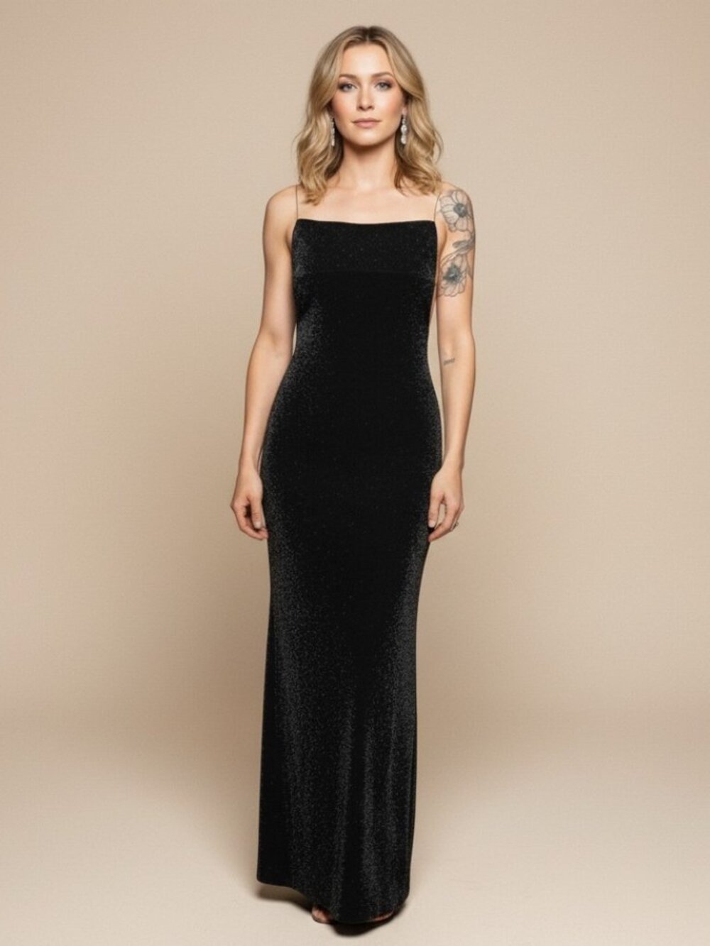 BCBG Maxazria Sz S Lurex Metallic Y2K Jewel Straps Maxi Black Dress